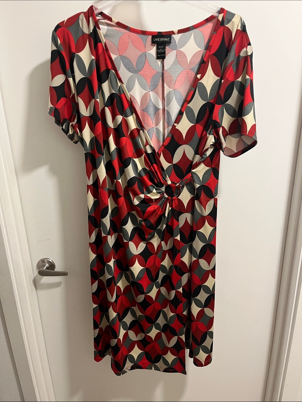 Lane Bryant Red, Cream & Black Geometric Twist-Front Dress